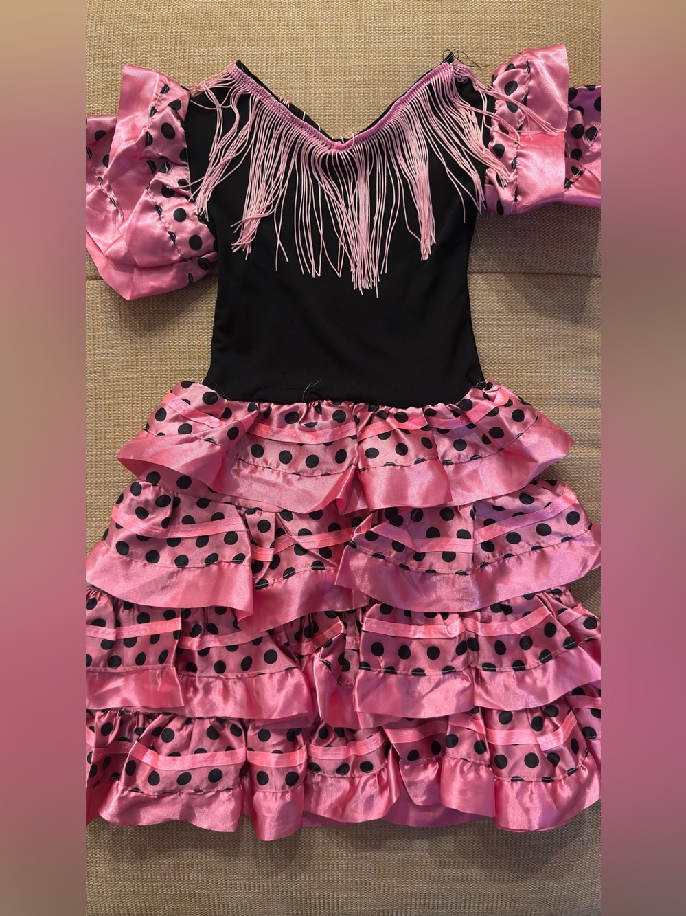 Girls Pink and Black Flamenco Ruffle Costume with Fringe 4/5